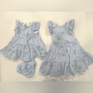 Rare Editions Matching Blue Seersucker Dresses With Embroidered Pink Flowers